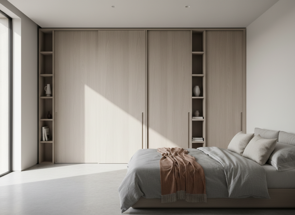 Dormitorio moderno con armario a medida de puertas correderas de madera clara.